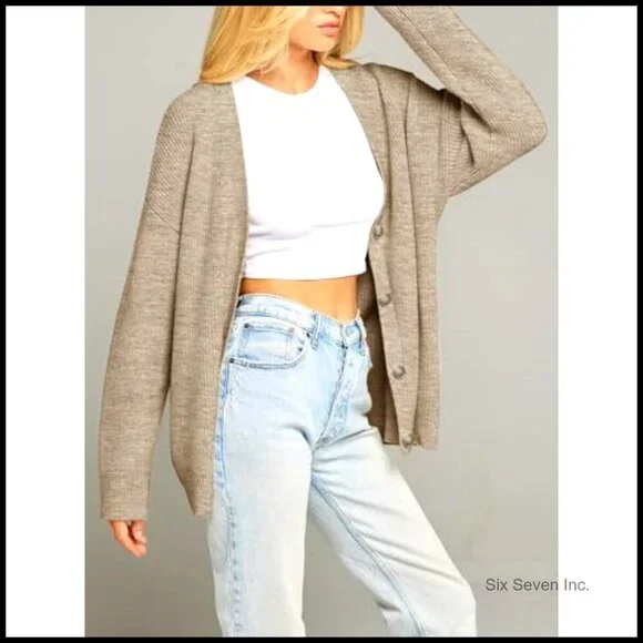 Oversized V Neck Cardigan Open Front Loose Knit Soft Cozy Fall Sweater - Picture 6 of 7